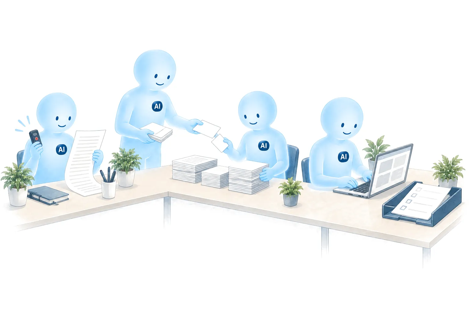 AIパートナーたちのイラスト。打ち合わせの録音と記録を受け取るAI、仕事を分けて渡す統括のAI、資料を整えるAI、ページをつくるAIが、一つの机で順に仕事を進め、最後に確認用の紙が置かれています。